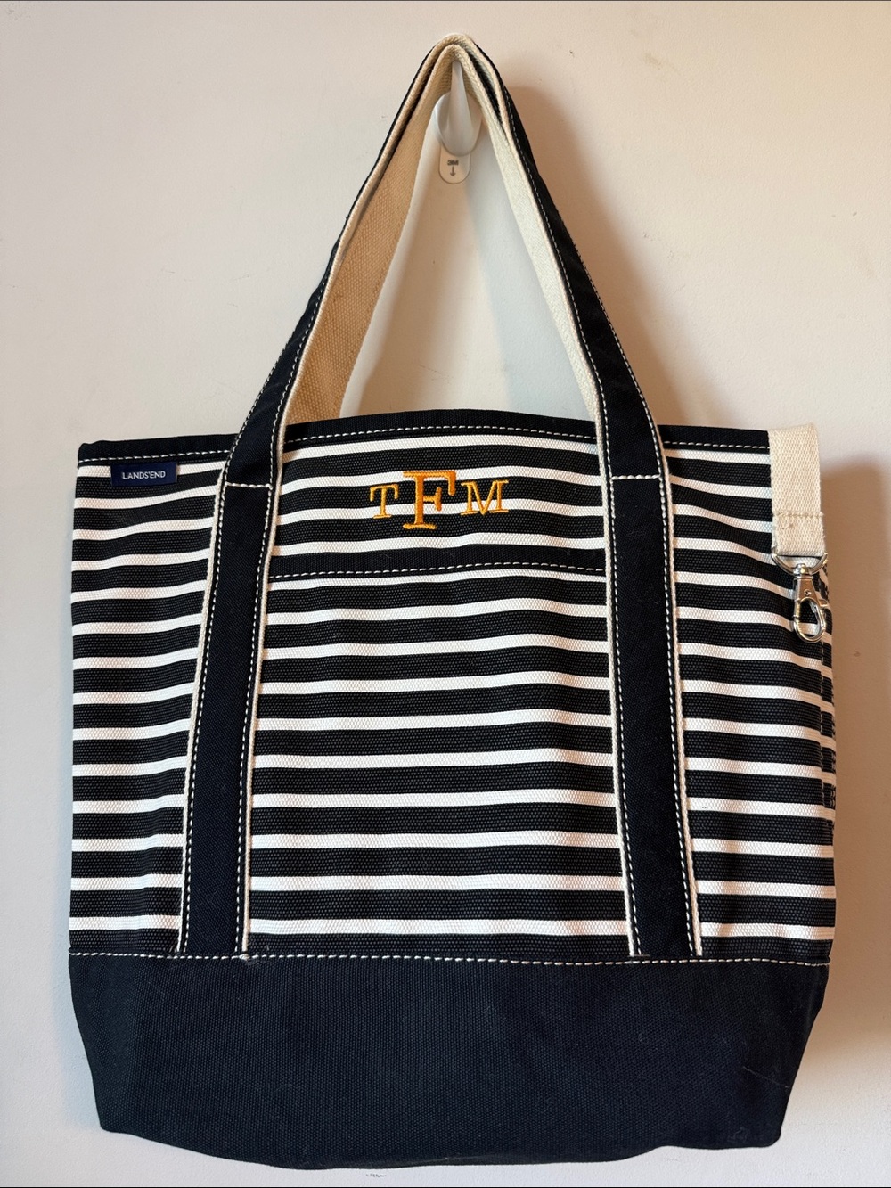 Lands' End Black & White Striped Canvas Tote with Gold Monogram